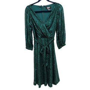 DKNY Faux Wrap Dress Size 6 Green Sequined Long Sleeve Evening‎ Holiday Glam